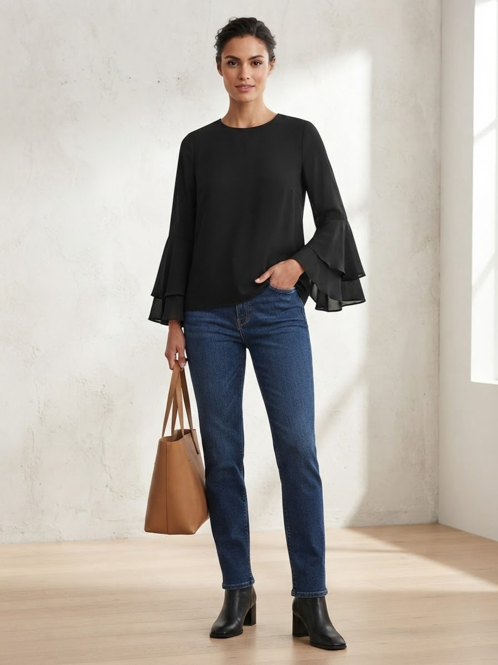Black Layered-Ruffle Sleeve Blouse for Women